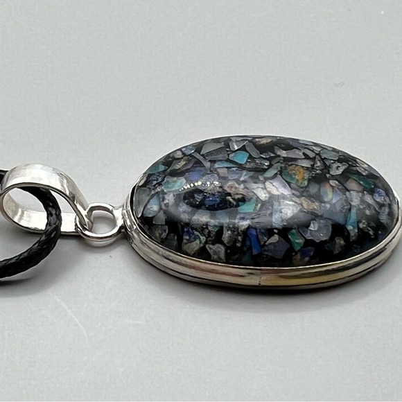 New Ethiopian Opal Silver Overlay Pendant Necklace With Cord - Picture 2 of 5